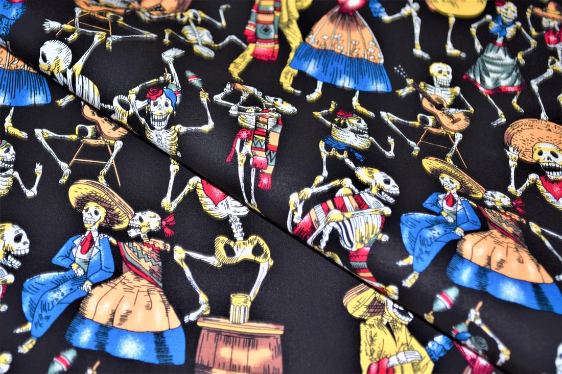 Black Mexican Skulls Halloween Fabric