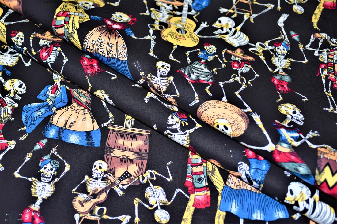 Black Mexican Skulls Halloween Fabric