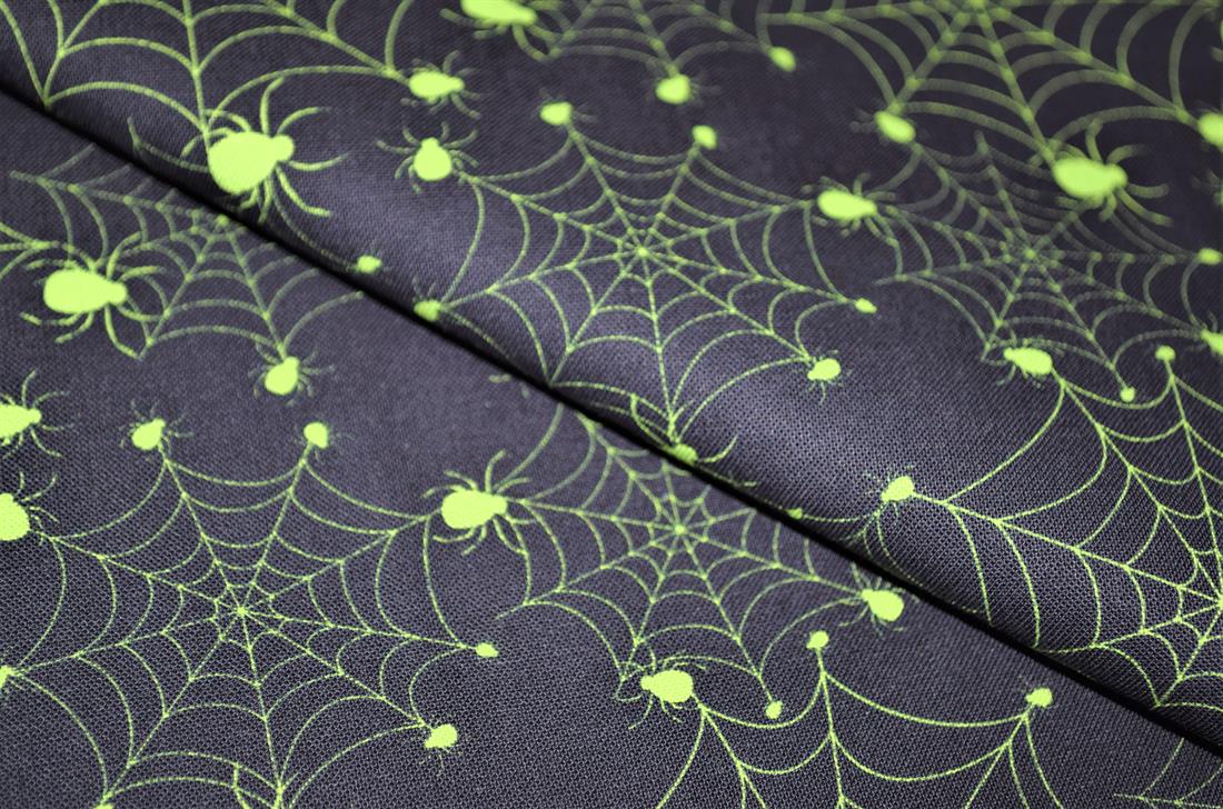 Black & Lime Printed 100% Cotton Glowing Spiders Fabric