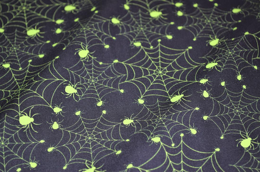 Black & Lime Printed 100% Cotton Glowing Spiders Fabric