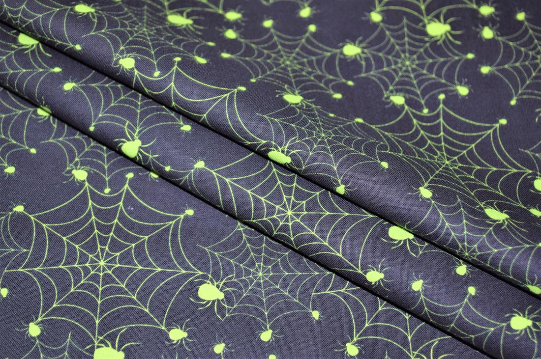 Black & Lime Printed 100% Cotton Glowing Spiders Fabric