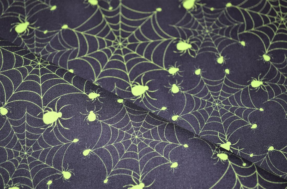 Black & Lime Printed 100% Cotton Glowing Spiders Fabric