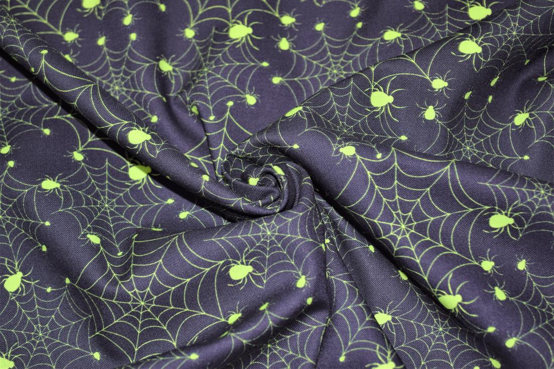 Black & Lime Printed 100% Cotton Glowing Spiders Fabric