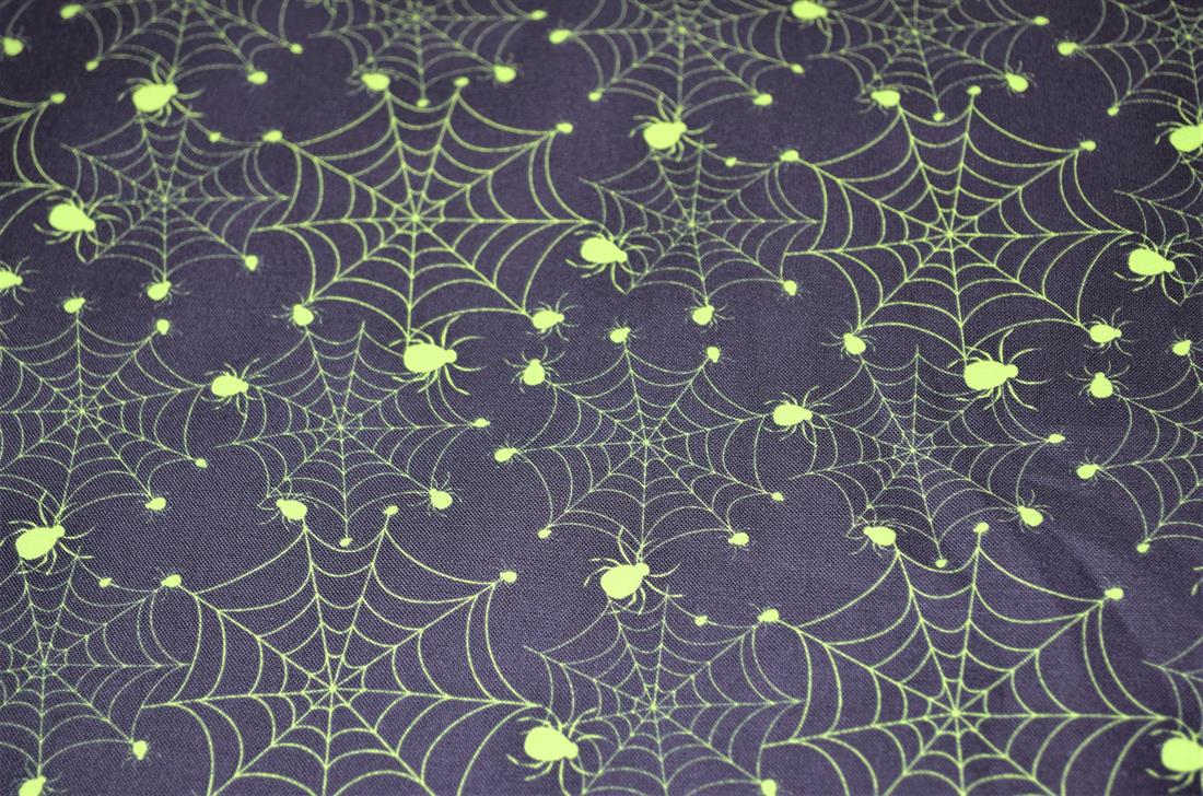 Black & Lime Printed 100% Cotton Glowing Spiders Fabric