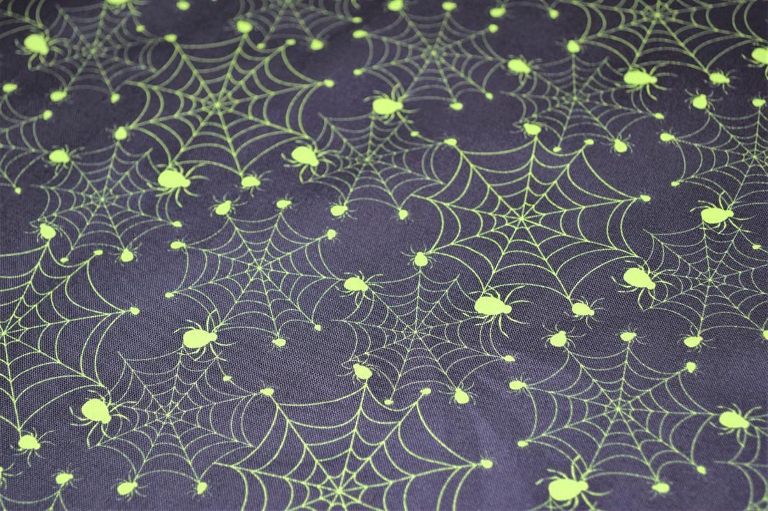Black & Lime Printed 100% Cotton Glowing Spiders Fabric