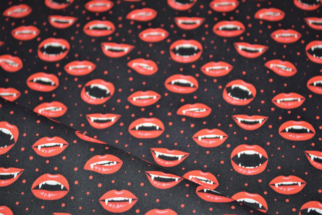 Black & Red Printed 100% Cotton Vampire Lips Fabric