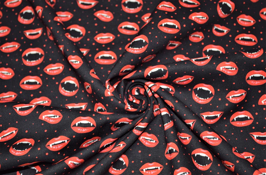 Black & Red Printed 100% Cotton Vampire Lips Fabric
