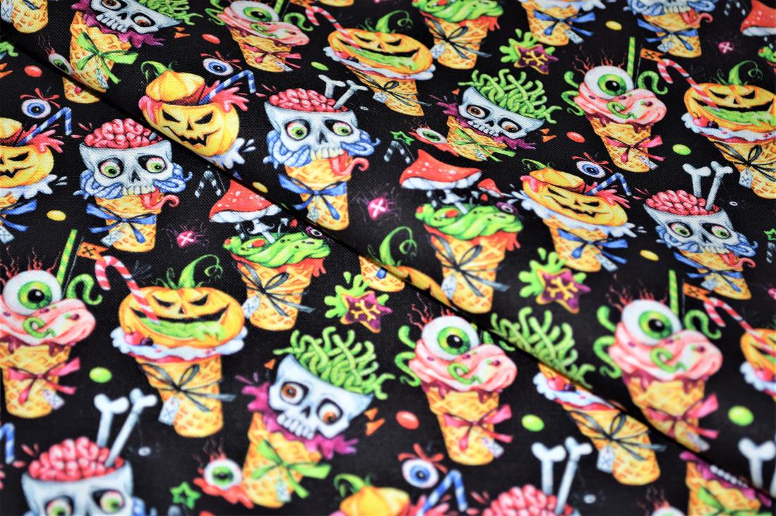 Black Printed 100% Cotton Spooly Ice Cream Fabric