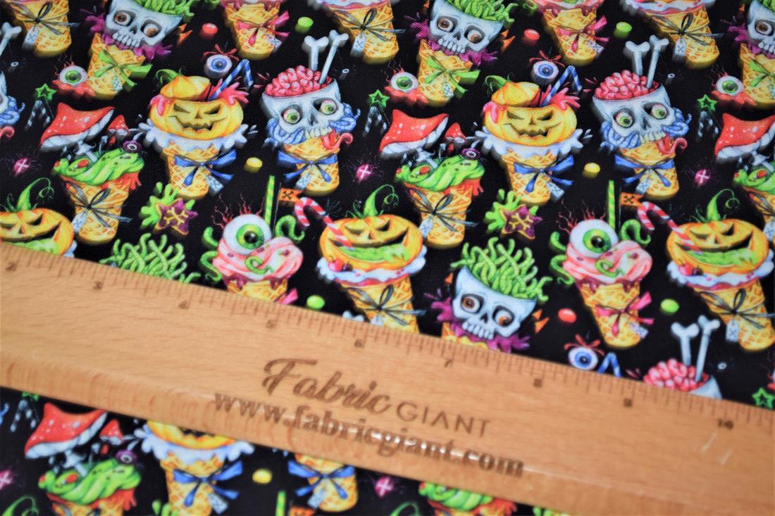 Black Printed 100% Cotton Spooly Ice Cream Fabric