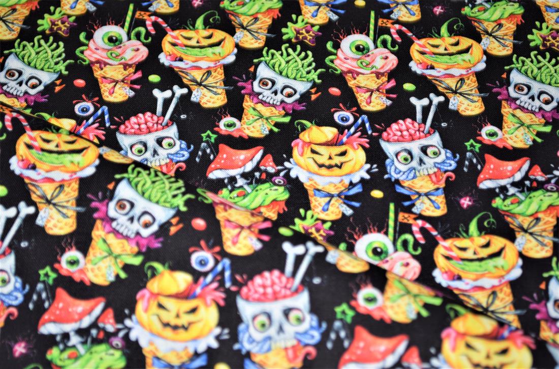 Black Printed 100% Cotton Spooly Ice Cream Fabric