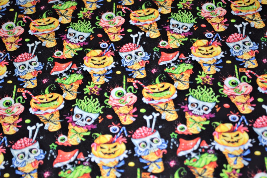 Black Printed 100% Cotton Spooly Ice Cream Fabric
