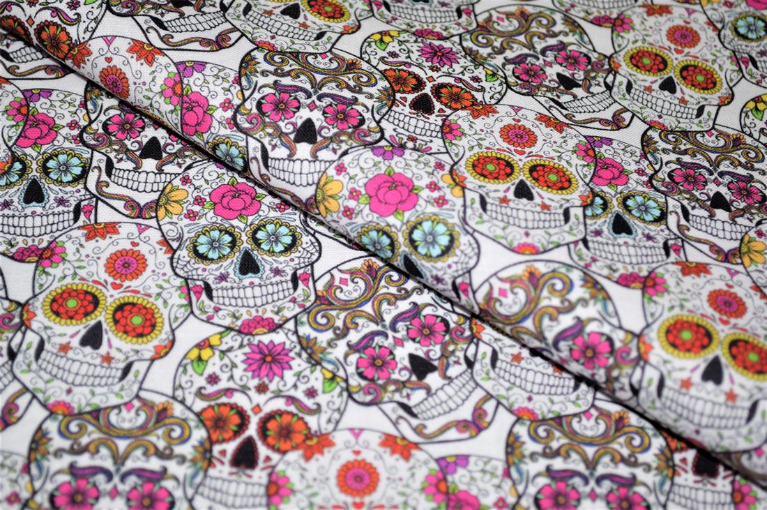 White Printed 100% Cotton Skull Roses Fabric