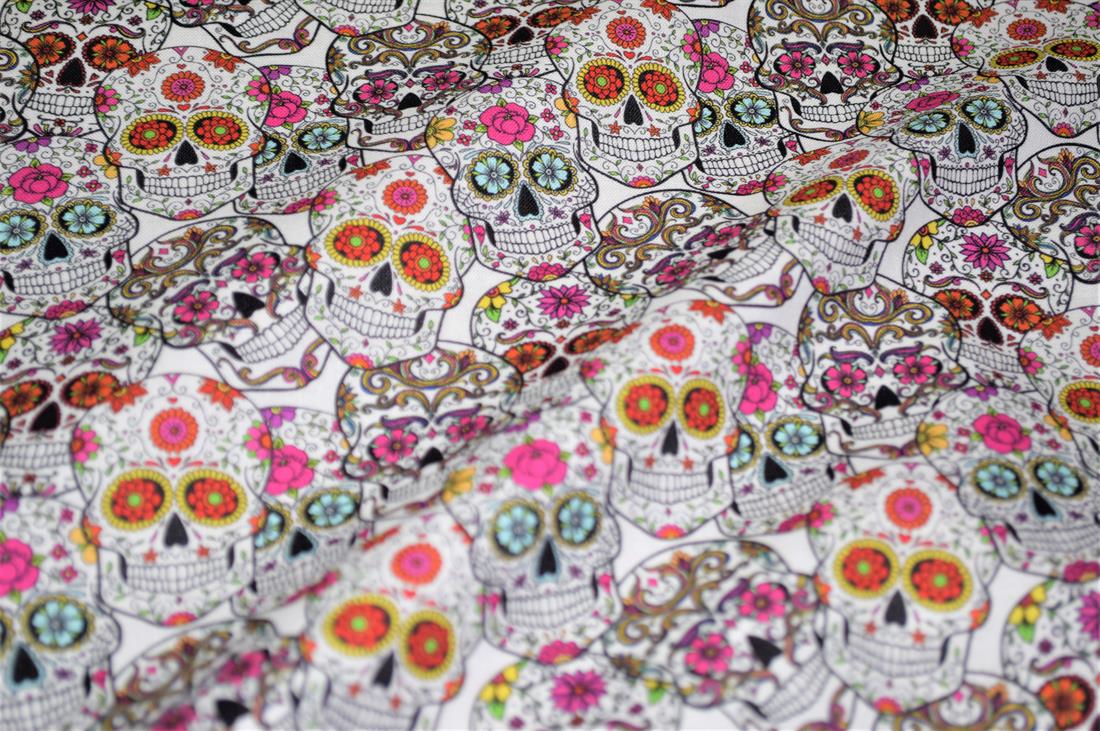 White Printed 100% Cotton Skull Roses Fabric