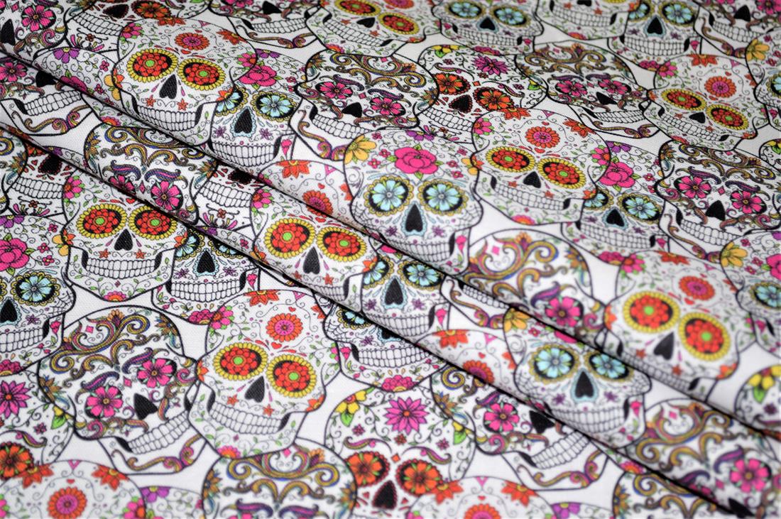 White Printed 100% Cotton Skull Roses Fabric