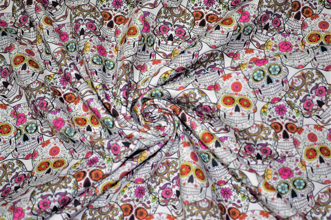White Printed 100% Cotton Skull Roses Fabric