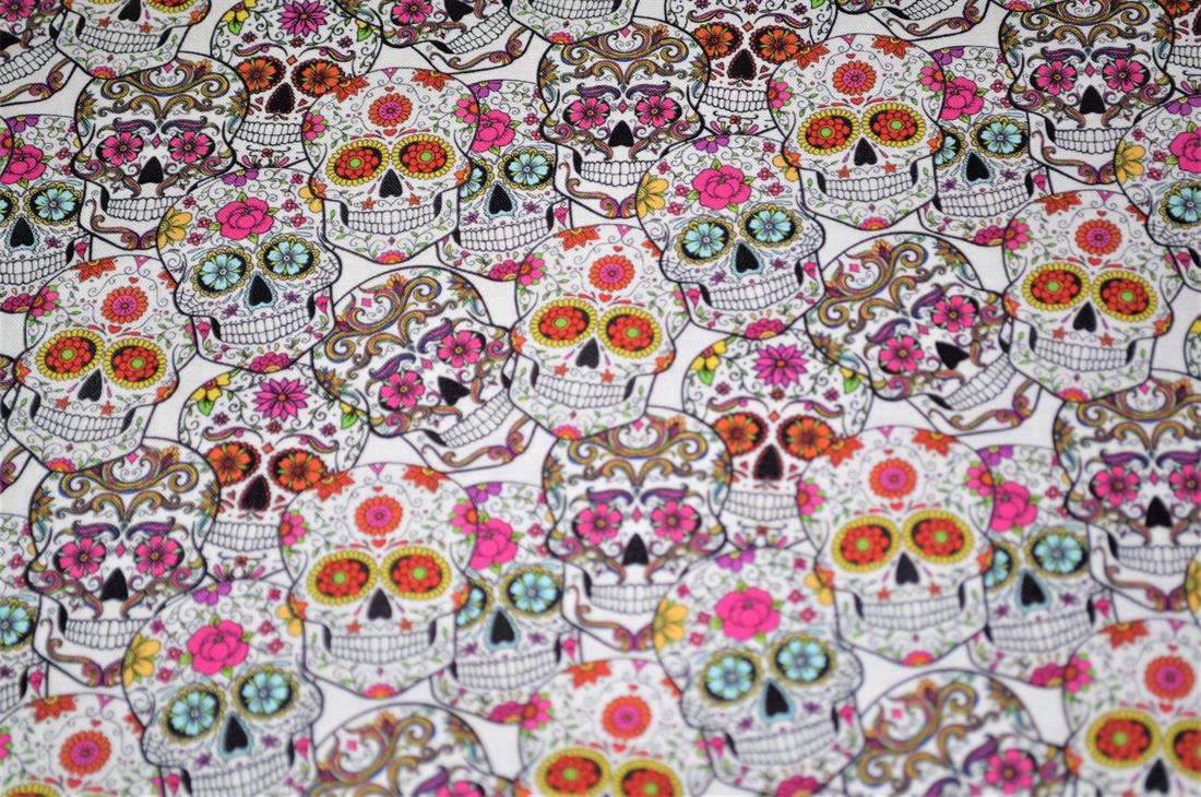 White Printed 100% Cotton Skull Roses Fabric