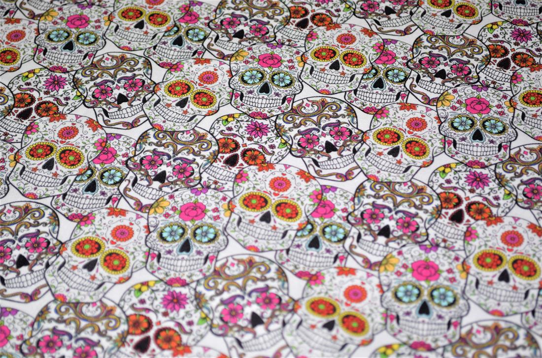 White Printed 100% Cotton Skull Roses Fabric