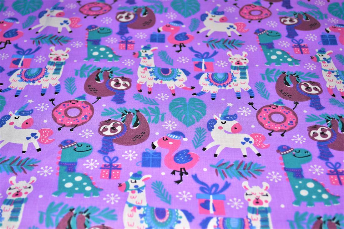 Animal Xmas Mish Mash Printed PolyCotton Fabric