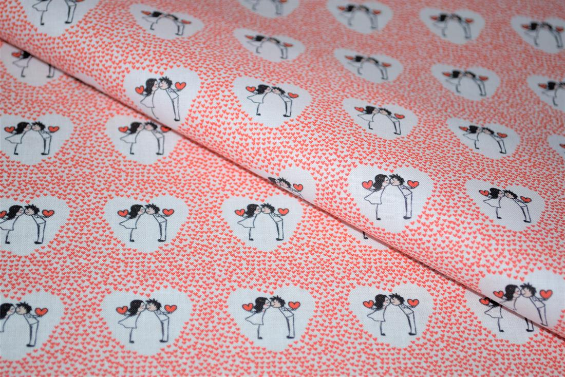White & Red Love Heart Printed 100% Cotton Fabric