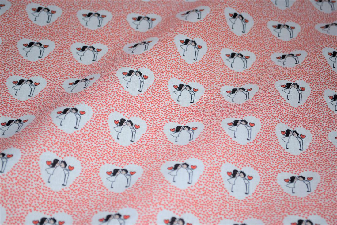 White & Red Love Heart Printed 100% Cotton Fabric