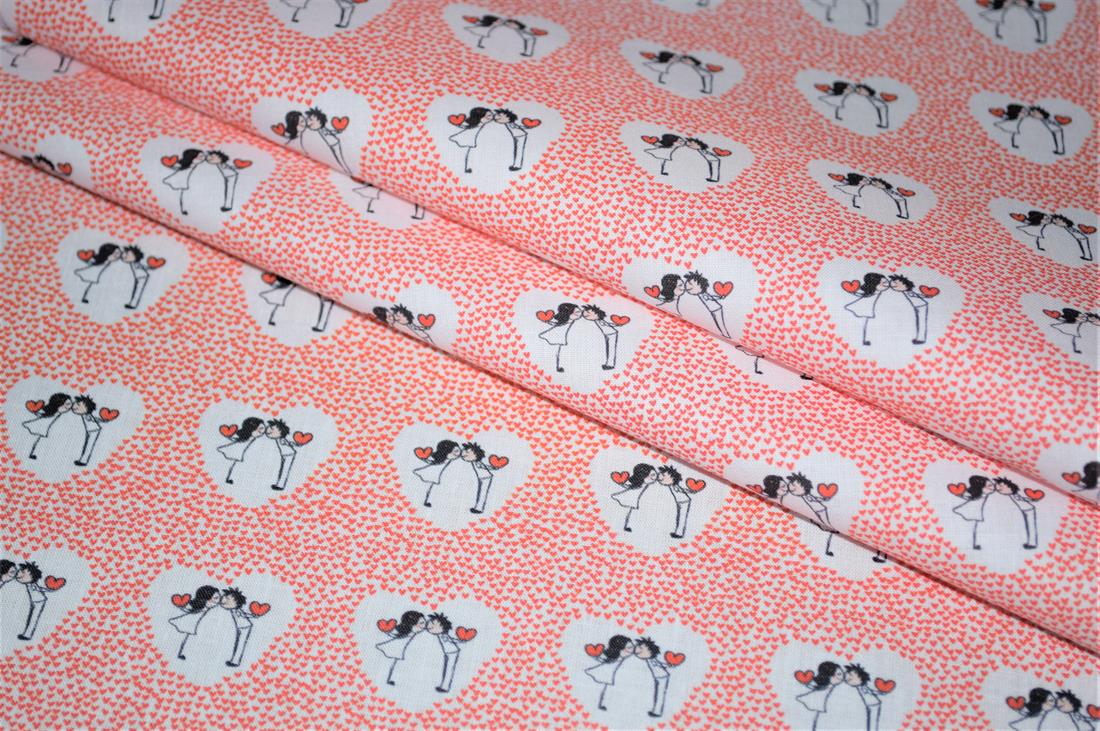 White & Red Love Heart Printed 100% Cotton Fabric
