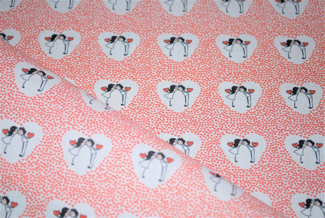 White & Red Love Heart Printed 100% Cotton Fabric