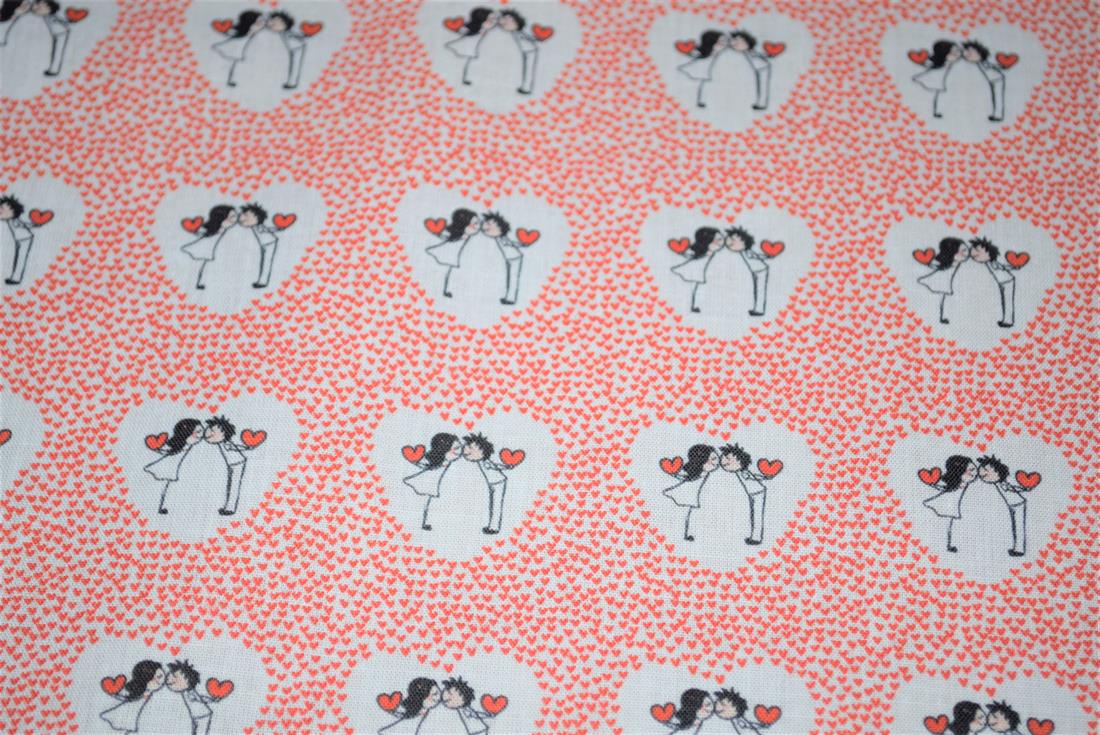 White & Red Love Heart Printed 100% Cotton Fabric