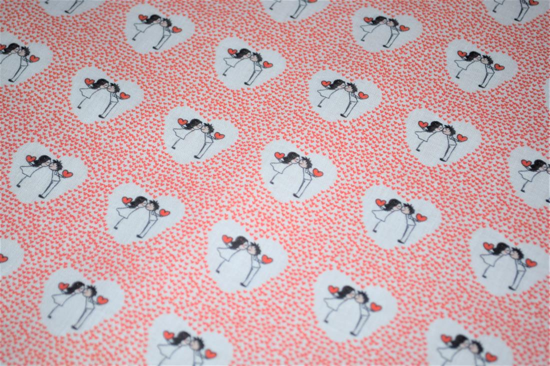 White & Red Love Heart Printed 100% Cotton Fabric
