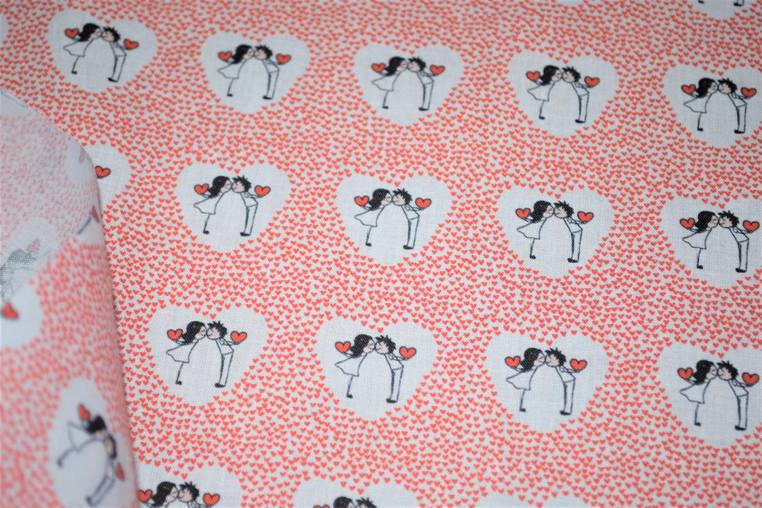 White & Red Love Heart Printed 100% Cotton Fabric