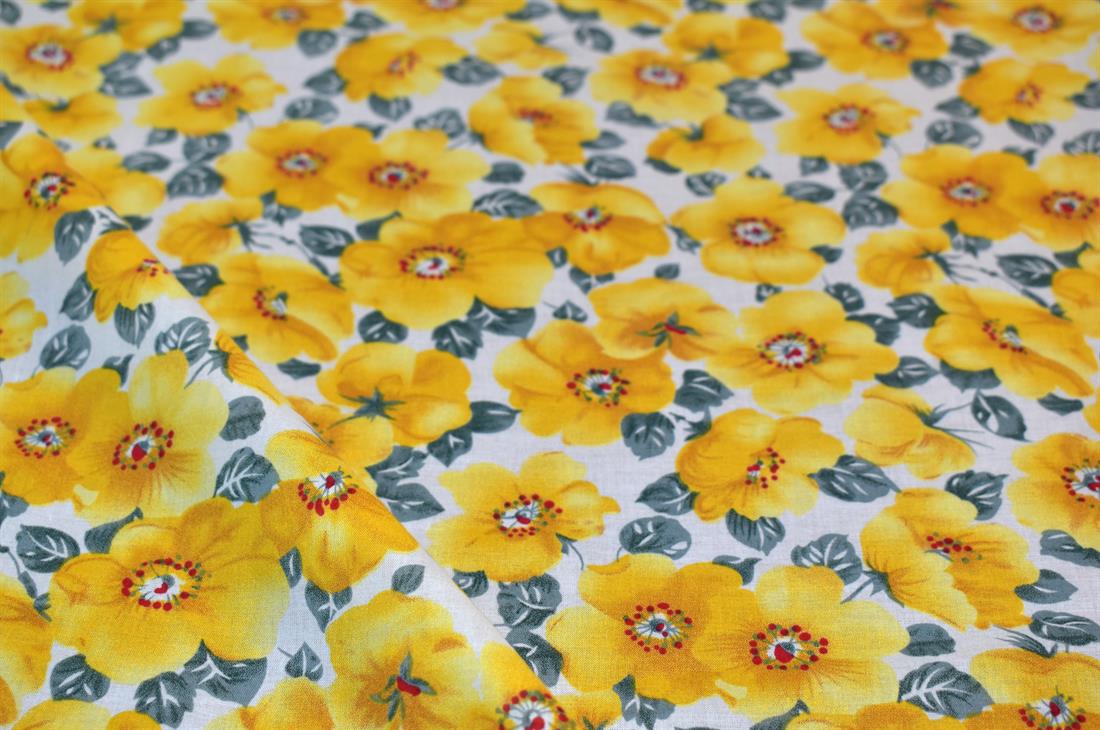Yellow & Grey Tropical Floral Cotton Lawn