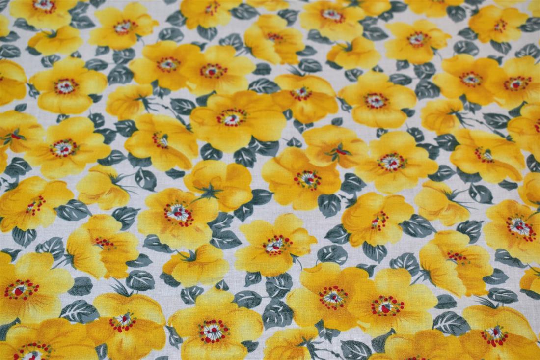 Yellow & Grey Tropical Floral Cotton Lawn
