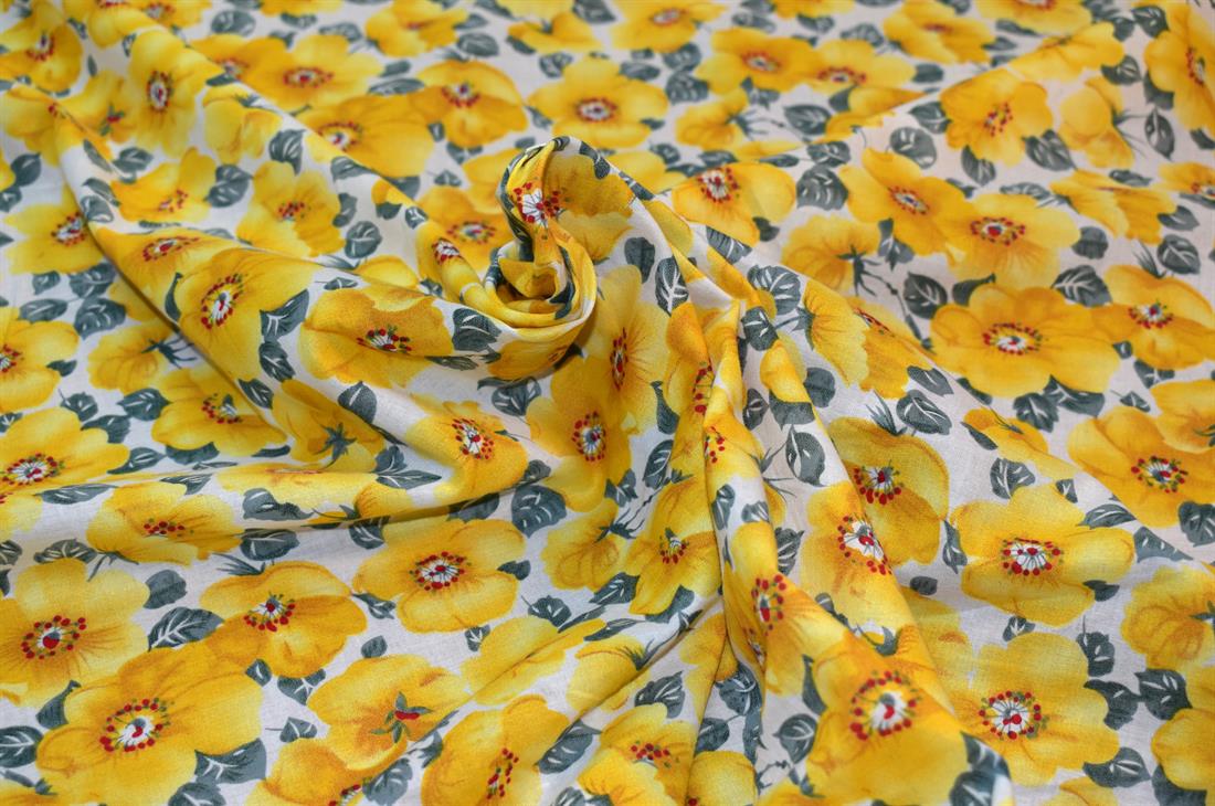 Yellow & Grey Tropical Floral Cotton Lawn