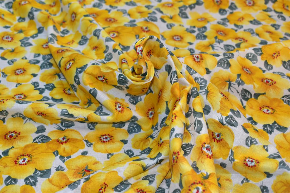 Yellow & Grey Tropical Floral Cotton Lawn