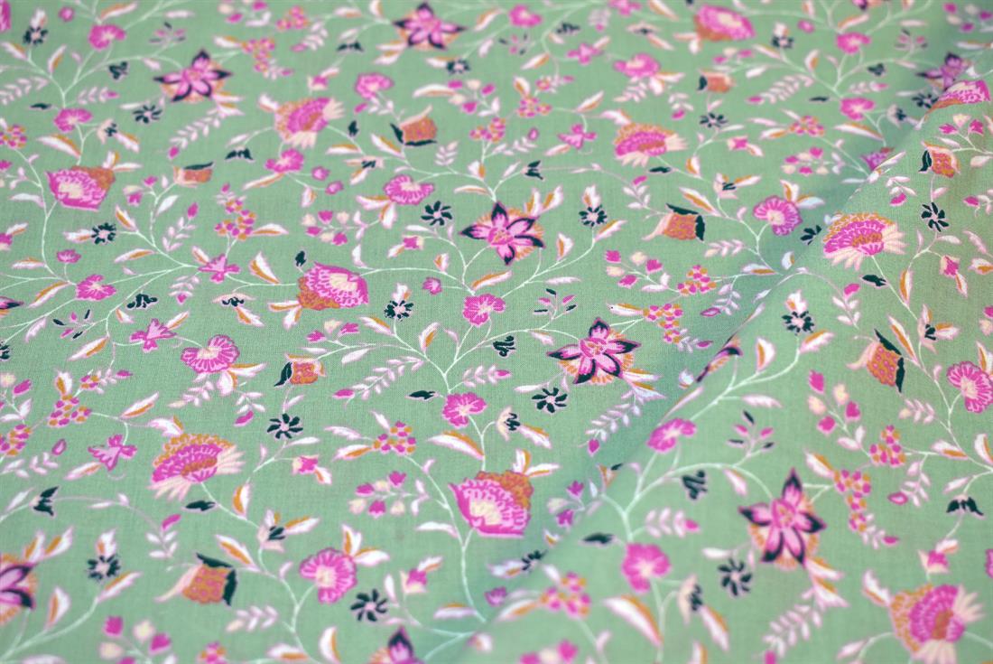 Sea Green & Pink Floral Cotton Lawn
