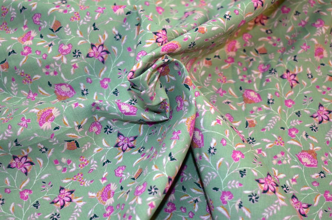 Sea Green & Pink Floral Cotton Lawn