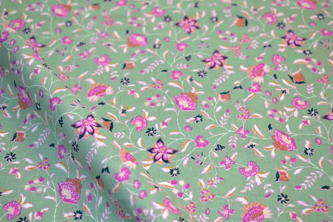 Sea Green & Pink Floral Cotton Lawn
