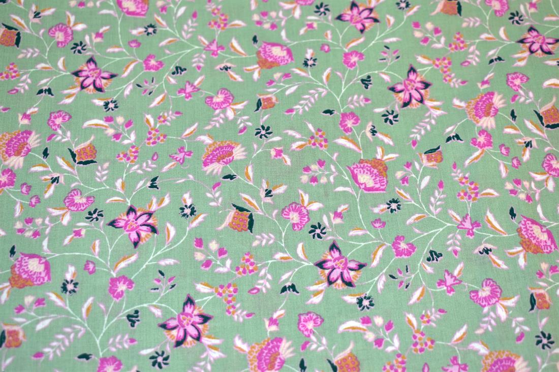 Sea Green & Pink Floral Cotton Lawn