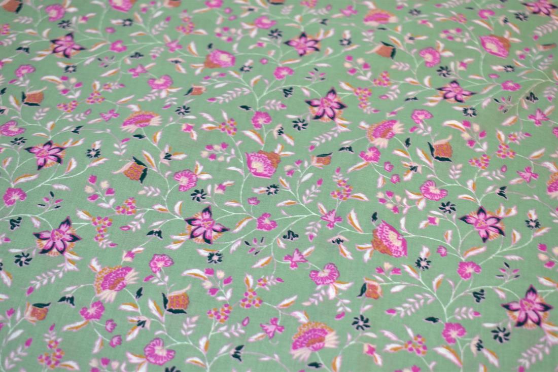 Sea Green & Pink Floral Cotton Lawn