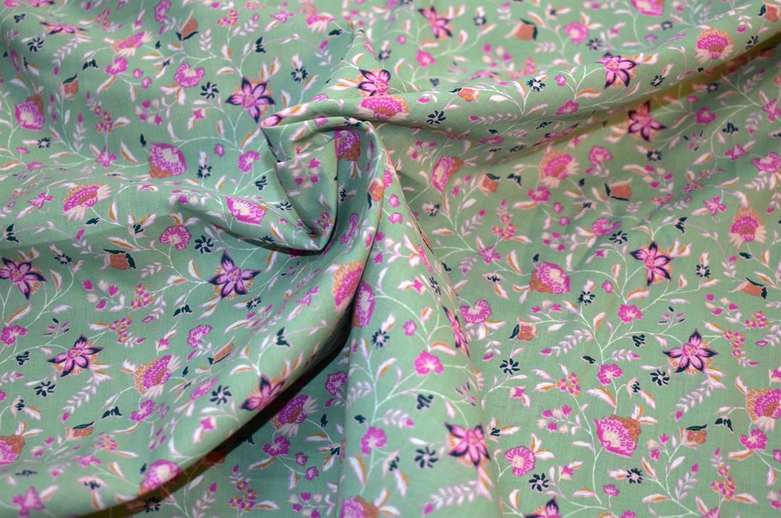 Sea Green & Pink Floral Cotton Lawn