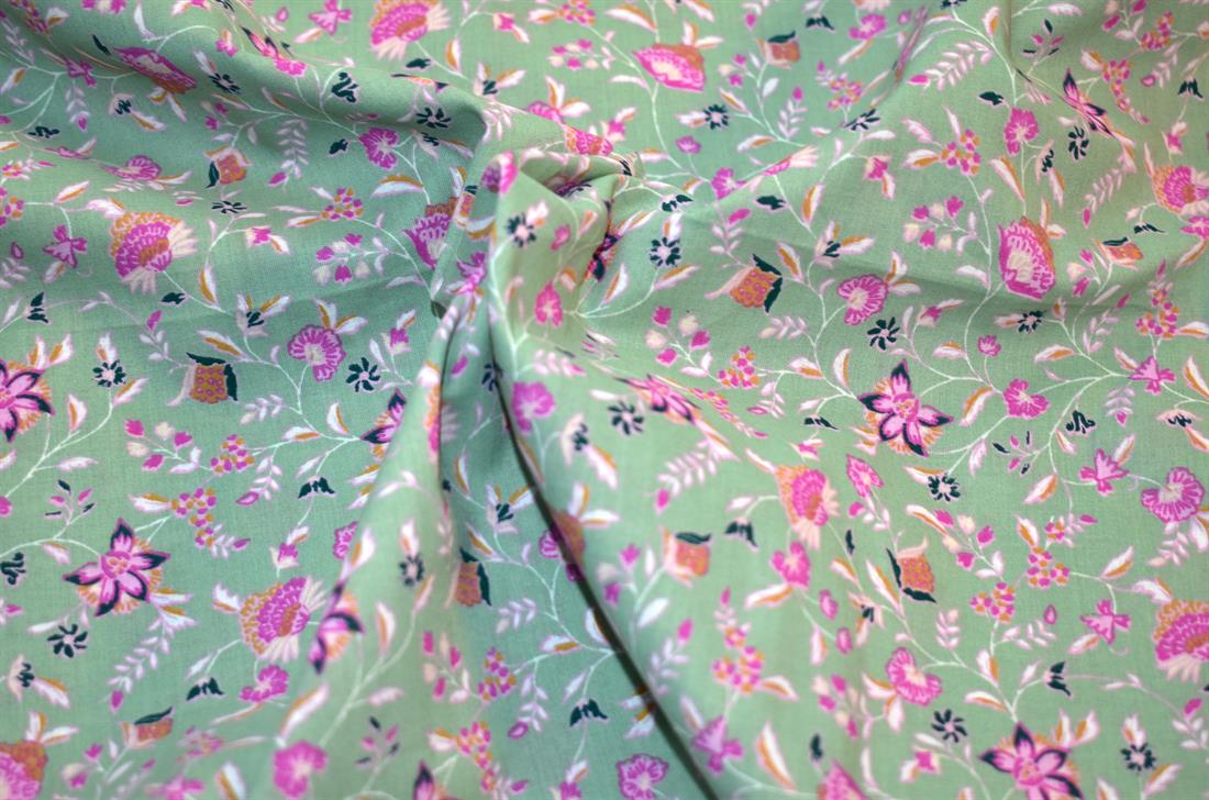 Sea Green & Pink Floral Cotton Lawn