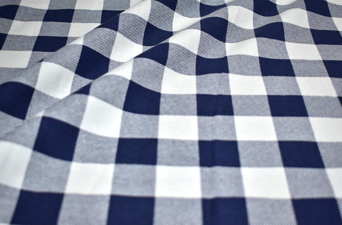 Navy & White Tartan Cord Printed Corduroy Fabric