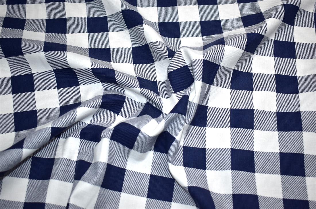Navy & White Tartan Cord Printed Corduroy Fabric