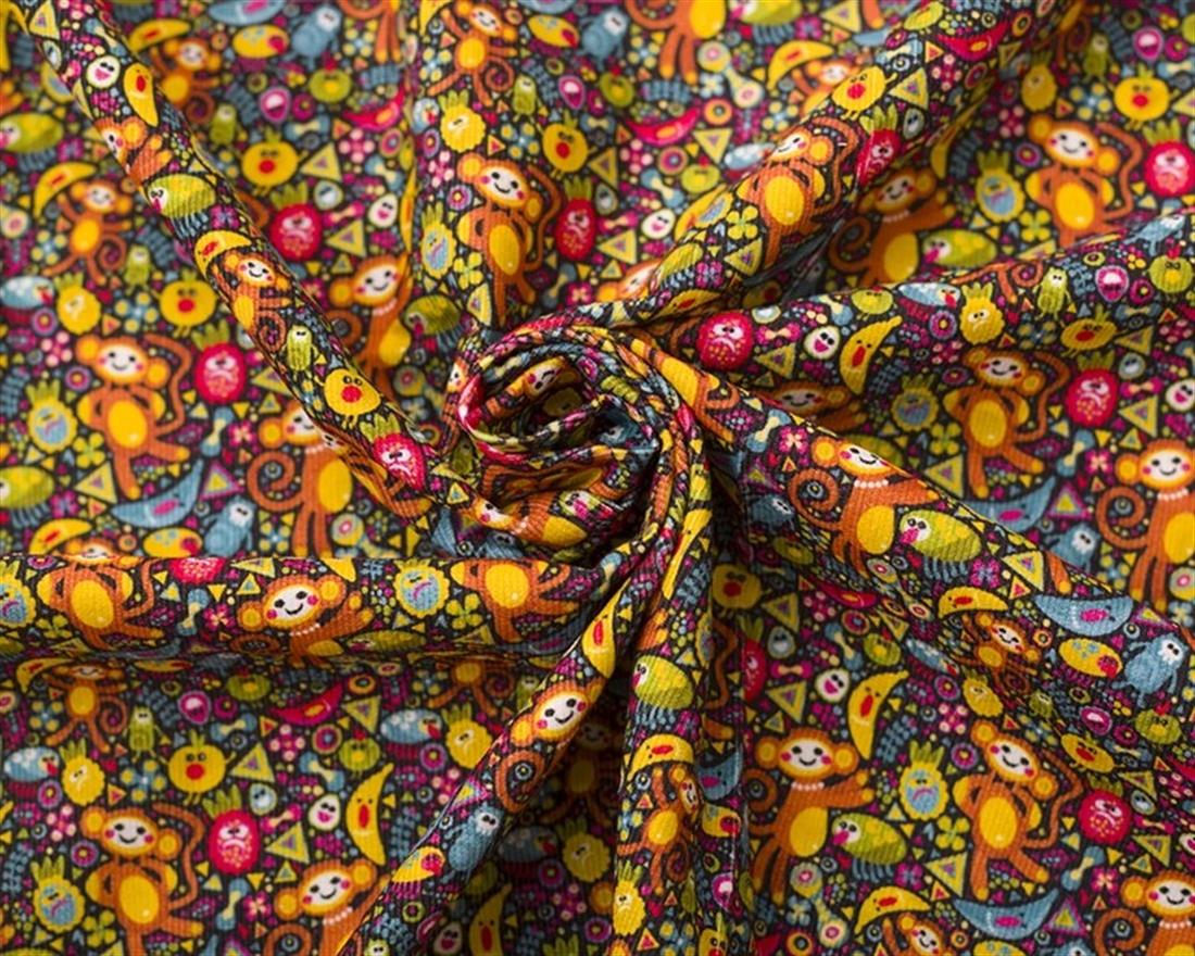 Black Little Johnny Needlecord Monkeys Li Printed Corduroy Fabric