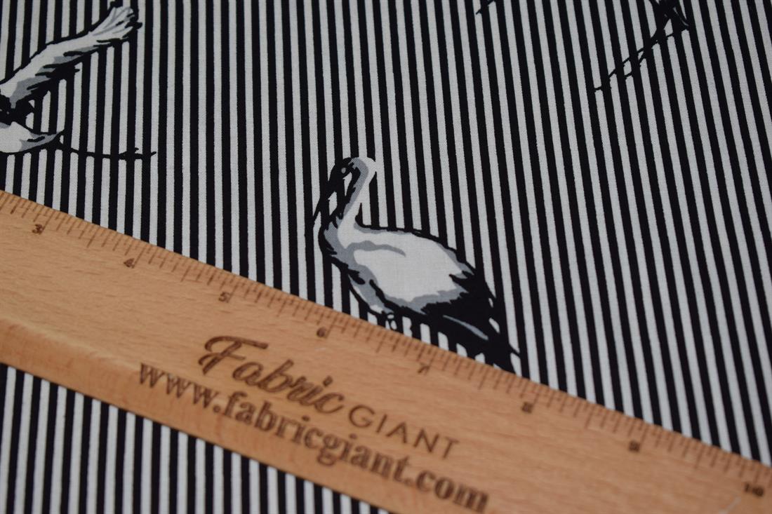 Soft Medium Weight 100% Cotton Linen, Bird Print Stripe Design
