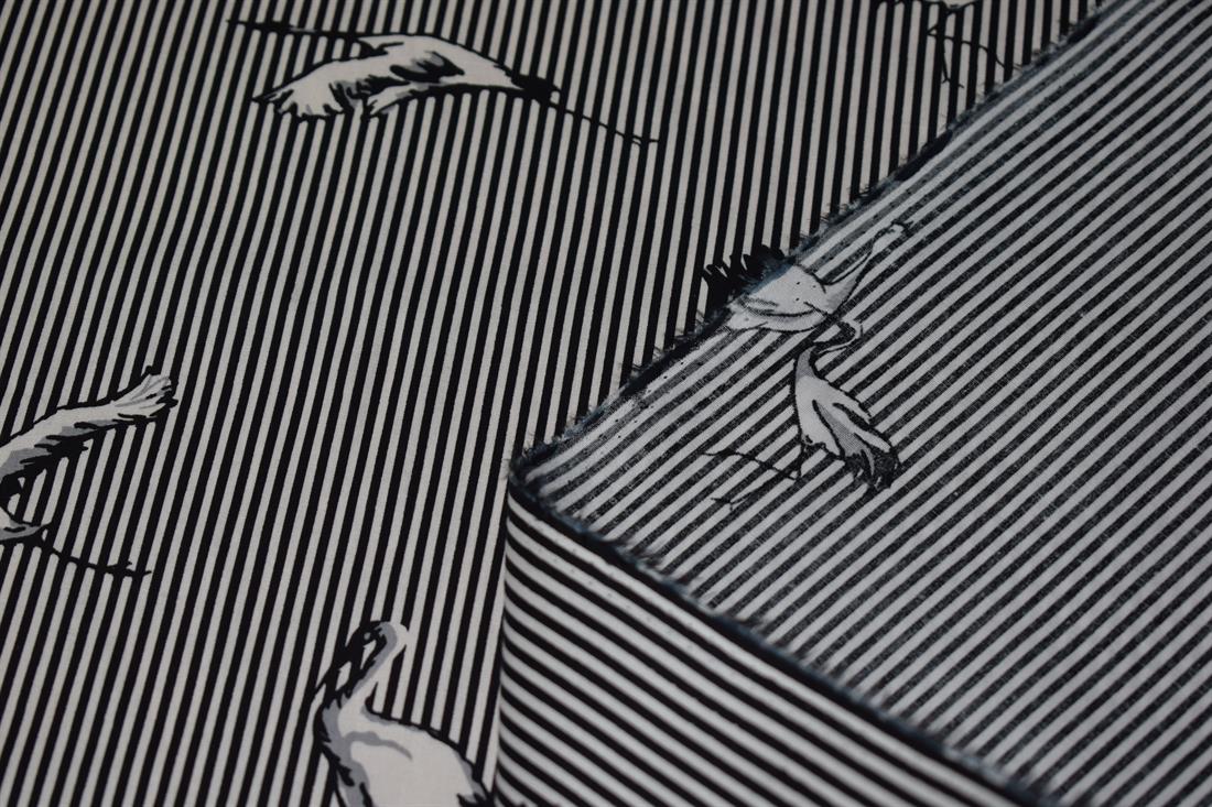 Soft Medium Weight 100% Cotton Linen, Bird Print Stripe Design