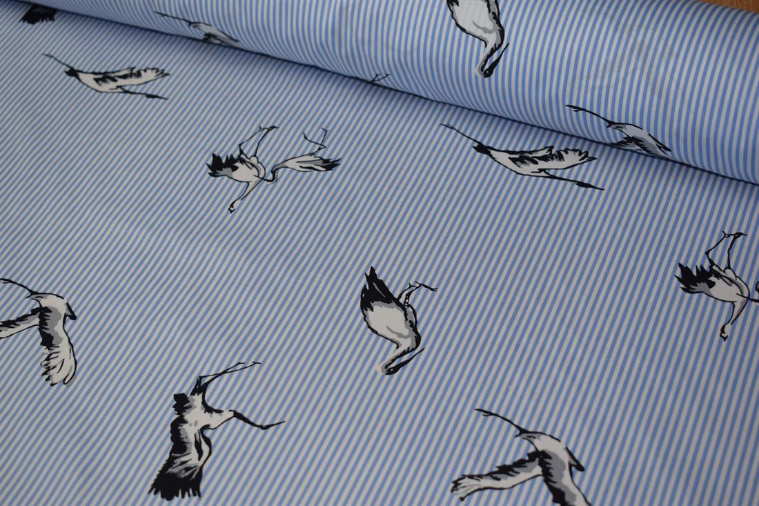 Soft Medium Weight 100% Cotton Linen, Bird Print Stripe Design