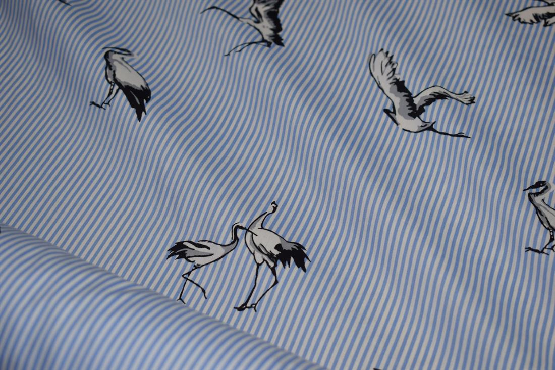 Soft Medium Weight 100% Cotton Linen, Bird Print Stripe Design