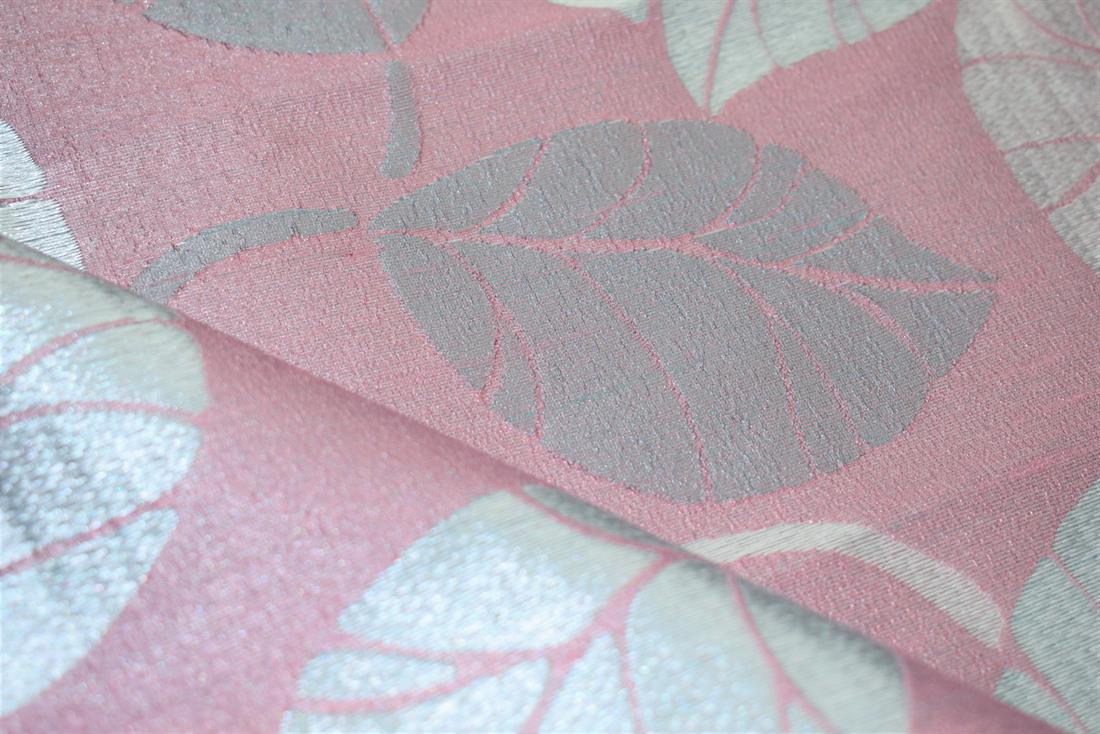 Blush Pink Curtain Fabric, Silver Leaves Print