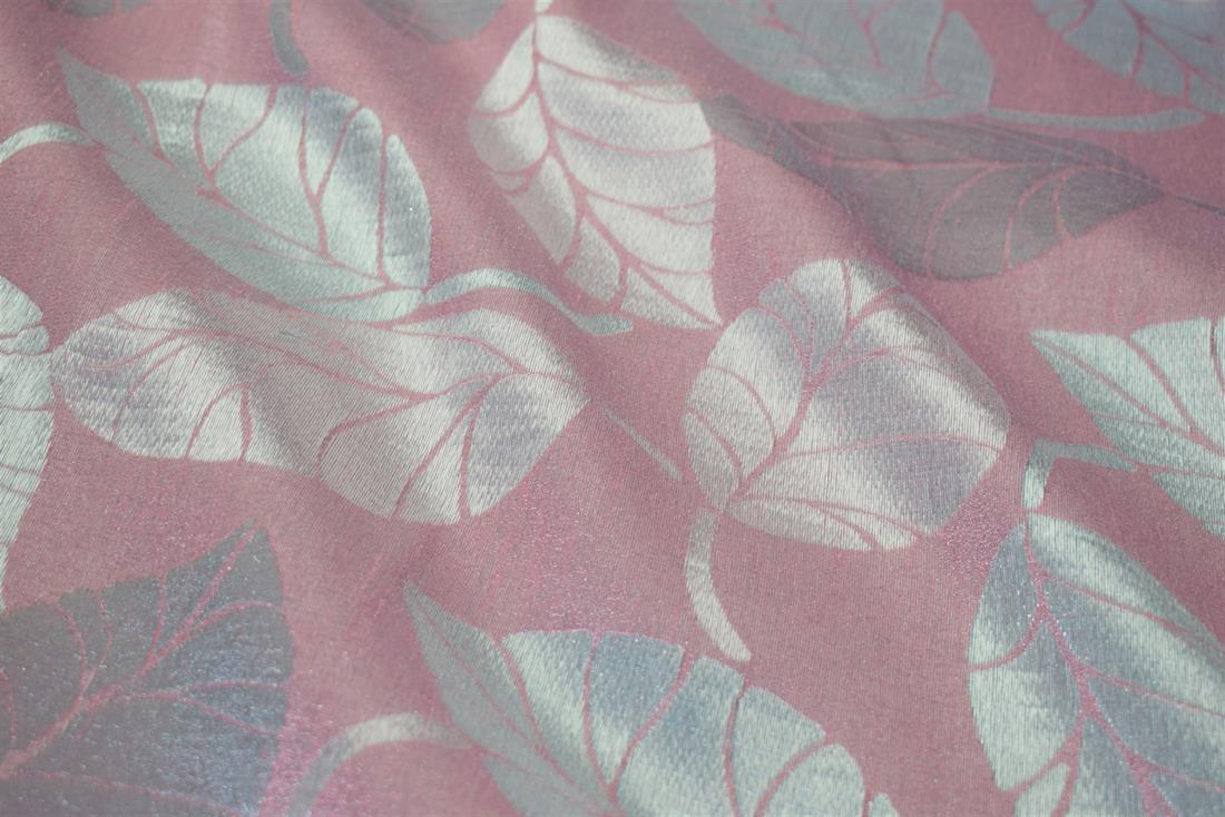 Blush Pink Curtain Fabric, Silver Leaves Print