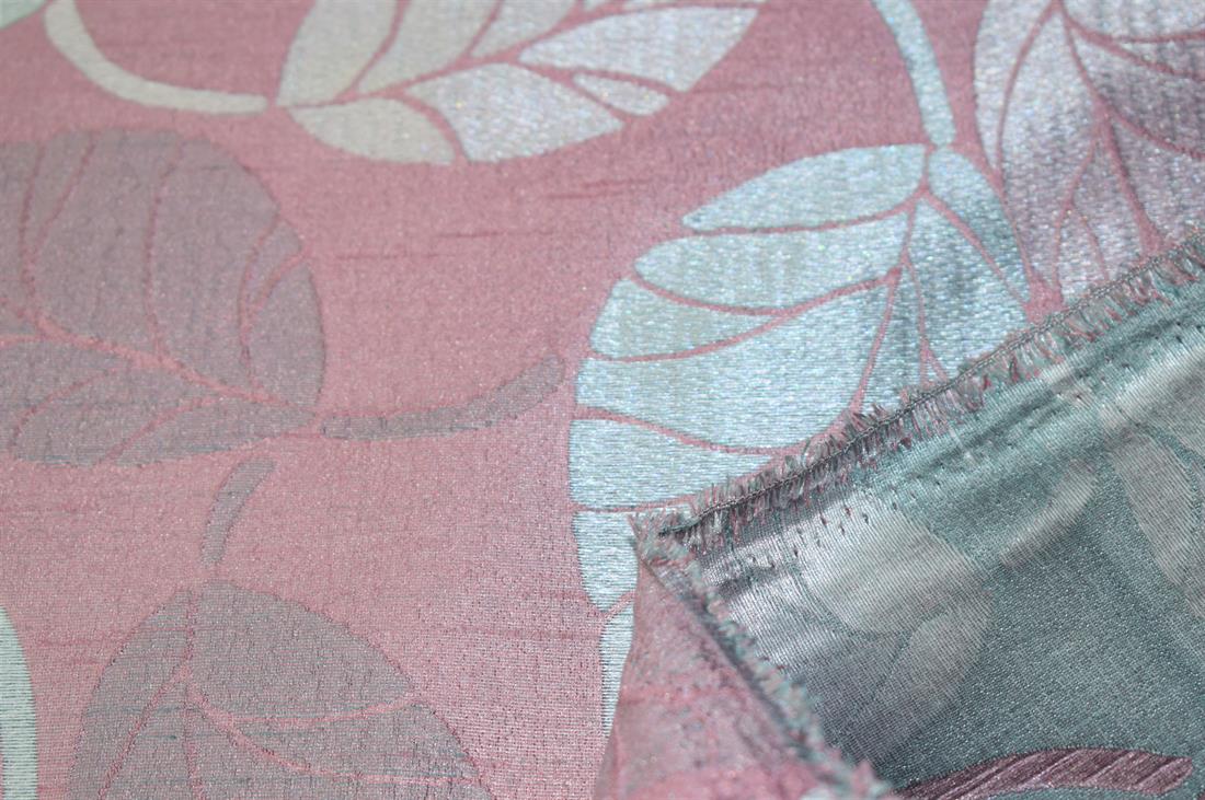 Blush Pink Curtain Fabric, Silver Leaves Print